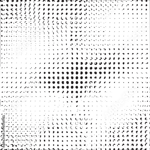 A dense of black dots and lines creates a textured abstract