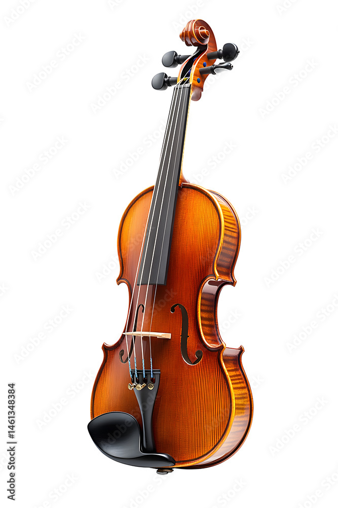Fototapeta premium An elegant wooden violin with its bow on an isolated background, photorealistic image for graphic design, educational materials and music school visuals