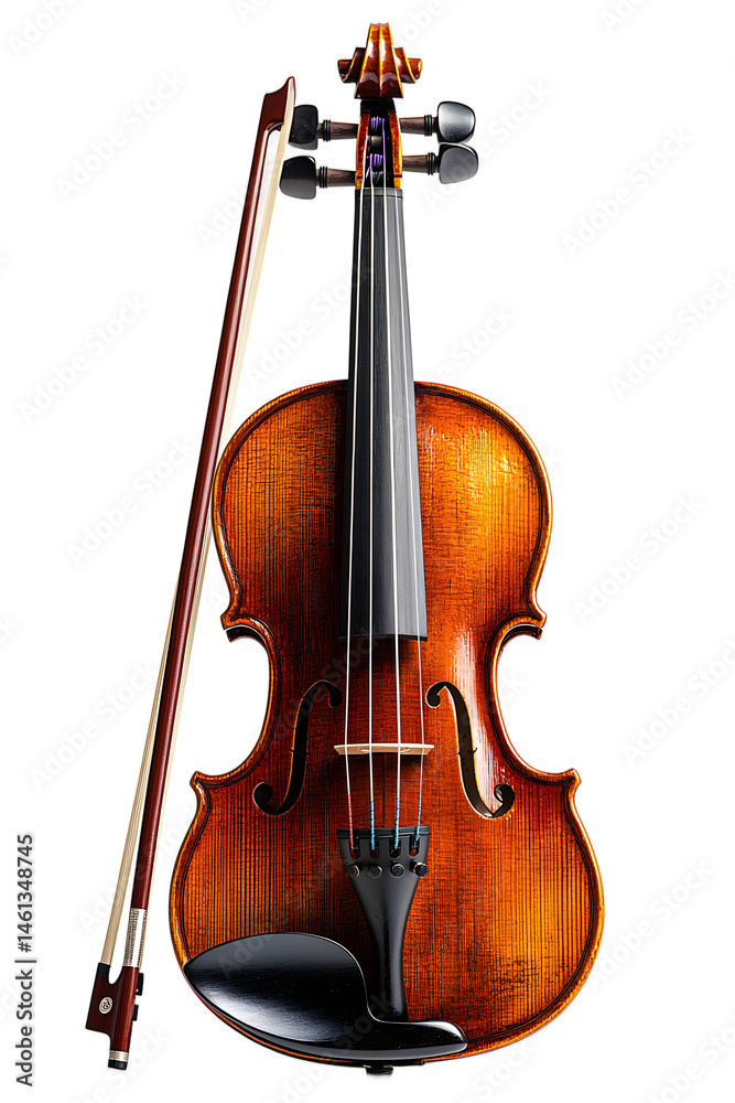 Fototapeta premium An elegant wooden violin with its bow on an isolated background, high quality photo for merchandise design, art prints and cultural promotion