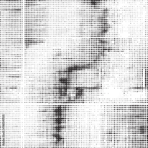 A grayscale portrait of a man's face emerges from a dense of black and white dots.