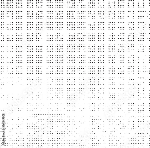 A dense grid of small dark dots forms a complex on a white background.