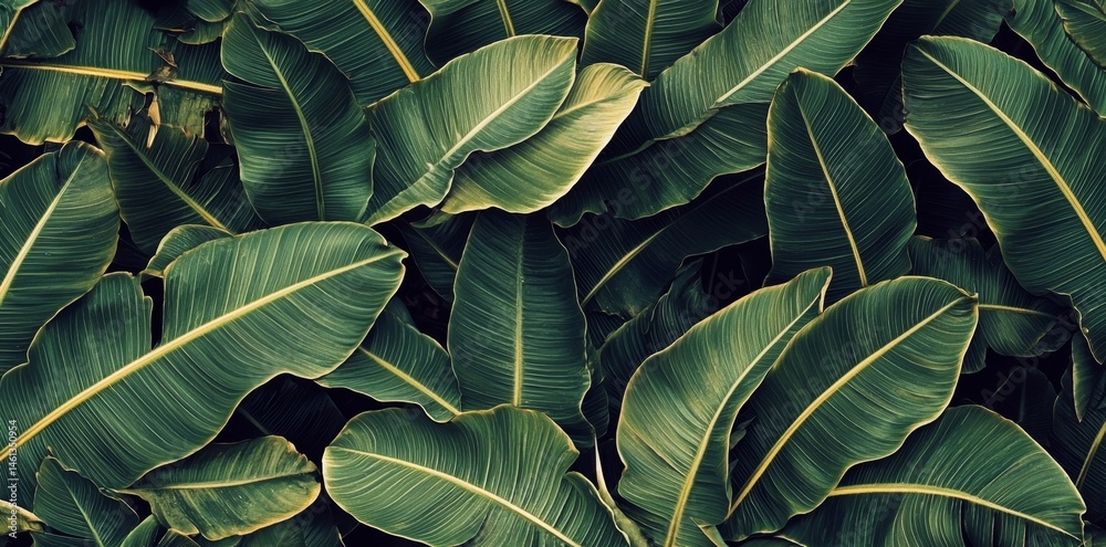 Fototapeta premium Lush green jungle leaves create a stunning seamless pattern.