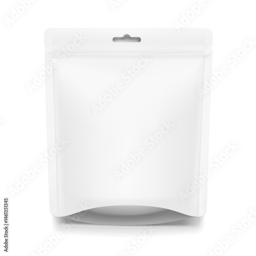 Realistic stand up pouch bag with hang slot mockup. Vector illustration isolated on white background. Ready for your design. EPS10.