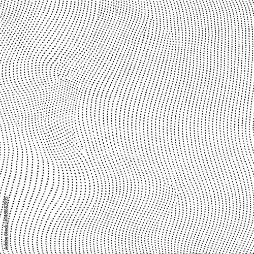 A dense repeating of small black dots on a white background creates a dynamic flowing texture.