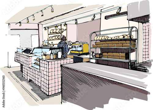 Small Bakery Interior Sketch. Local Small Business Concept. Hand-Drawn Vector Illustration, Not AI