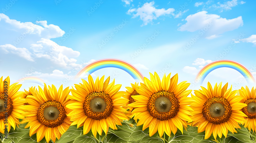 Obraz premium Colorful Sunflower Field Under Rainbow Sky