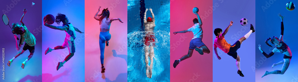 Badminton, basketball, running, swimming, handball, football and volleyball. Set of images of athletes in motion isolated on multicolor background in neon light. Collage. Concept of competition, sport