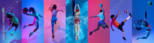 Obraz na płótnie Badminton, basketball, running, swimming, handball, football and volleyball. Set of images of athletes in motion isolated on multicolor background in neon light. Collage. Concept of competition, sport w salonie