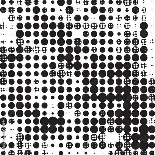 A dense array of black and white circular dots creates a dynamic abstract