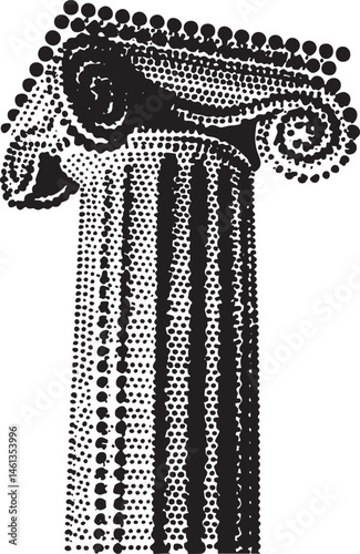 A stylized textured column rises vertically.