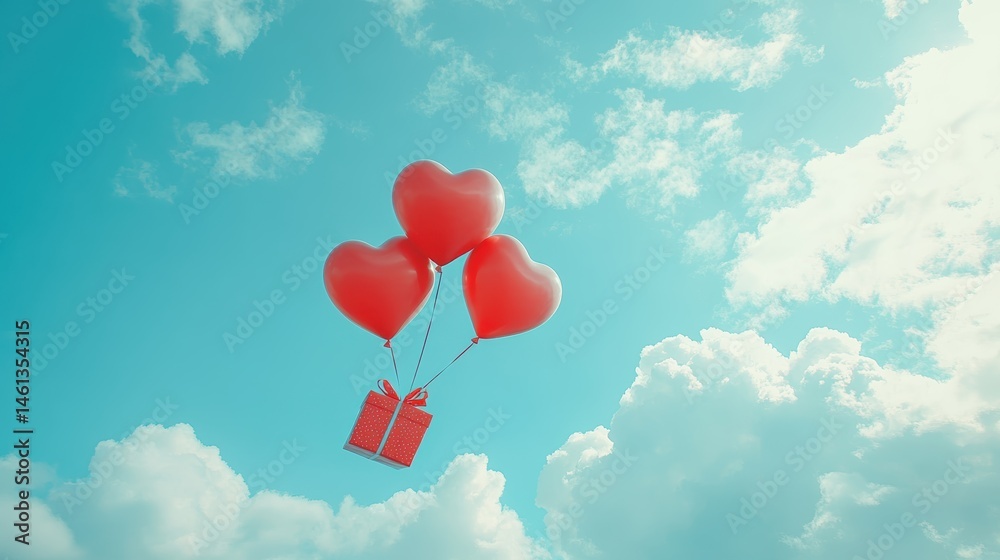 Fototapeta premium A Box flying on a parachute with pink cloud in valentine day,package flying down from sky and cloud with parachute, concept for delivery service,shopping online,air delivery service.