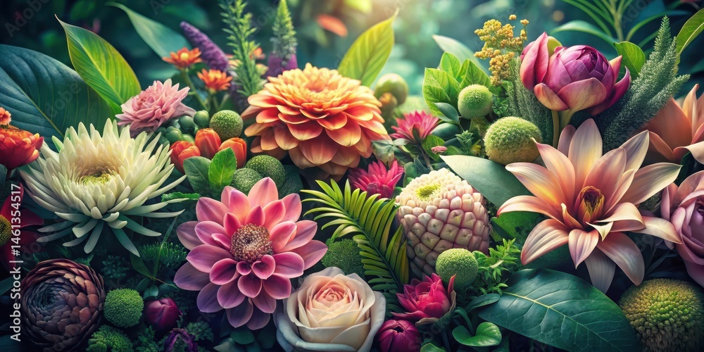 Fototapeta premium Dense cluster of exotic flowers with intricate details and soft pastel hues amidst lush green foliage, creating a sense of serenity, botanical, nature