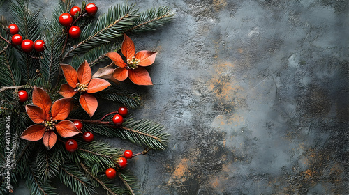 Festive holiday decorations arranged on a textured surface.
