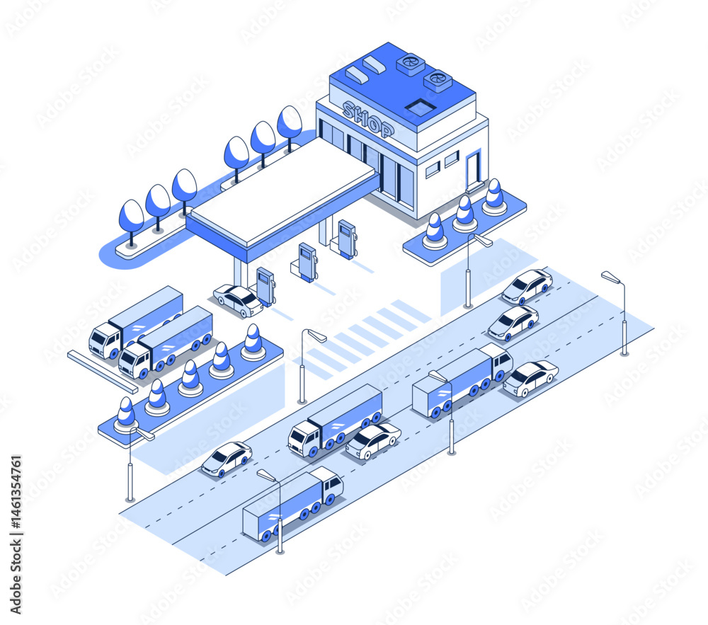 Gas station on the highway - vector isometric illustration