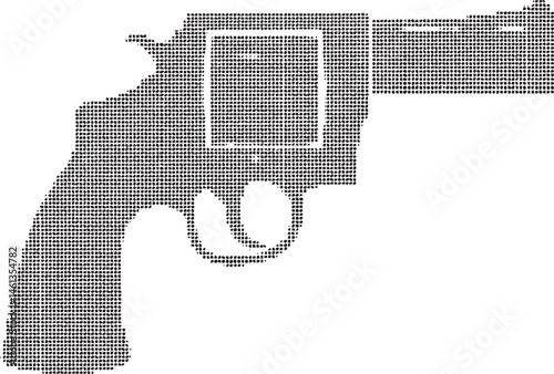A stylized black and white gun rests in a hand.