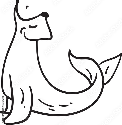A stylized cartoon dog sits comfortably.