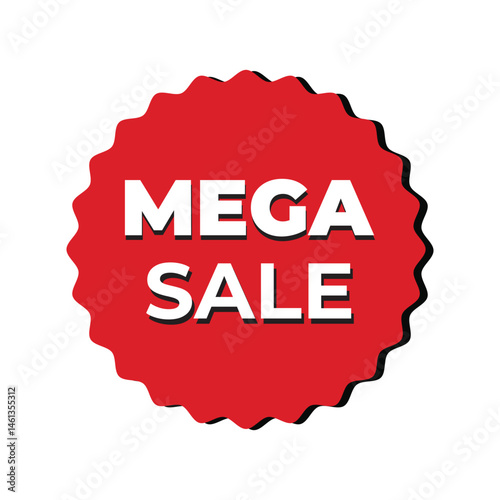 Modern Mega Sale Sticker  White Text on Red Starburst Vector.
