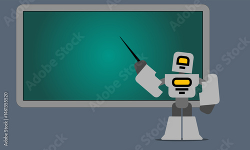 Robot with a gas pump on the screen. funny cartoon robot with blank sign. gray robot cartoon character vector design with board and monitor background
