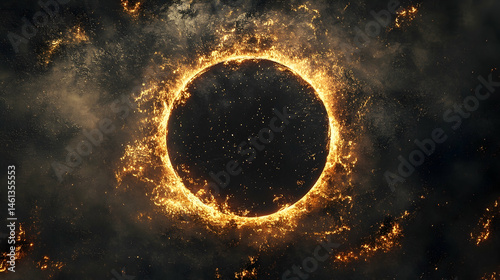 Fiery circular frame against a dark cosmic backdrop.