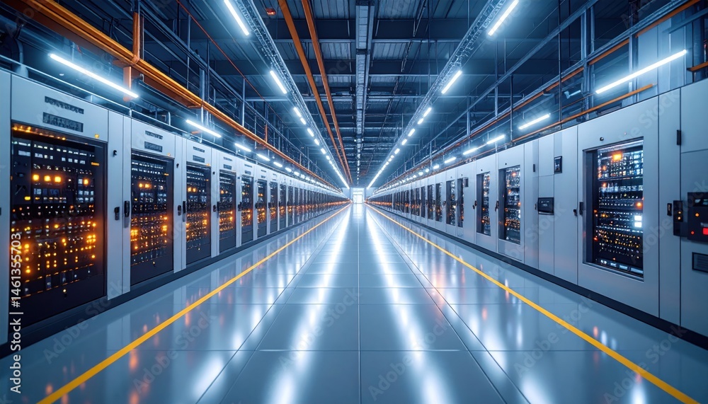 Naklejka premium Server Room with Data Cabinets and Network Cables