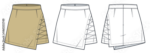Lace-Up Mini Skirt Fashion Flat Sketch. Mini Skirt fashion flat technical drawing template, side lace details, asymmetrical hem, front and back view, white, camel brown, women CAD mockup set.