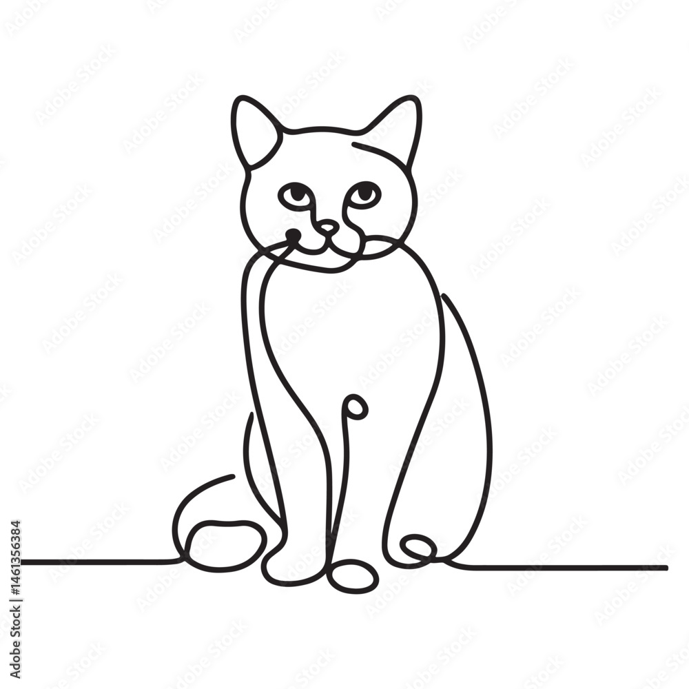 Obraz premium Minimalist Cat Line Art Sitting Calmly Graceful Silhouette Illustration