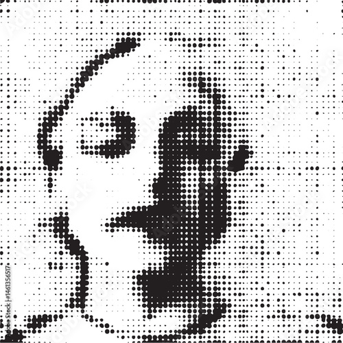 A grayscale portrait depicts a contemplative individual with an expressive gaze.
