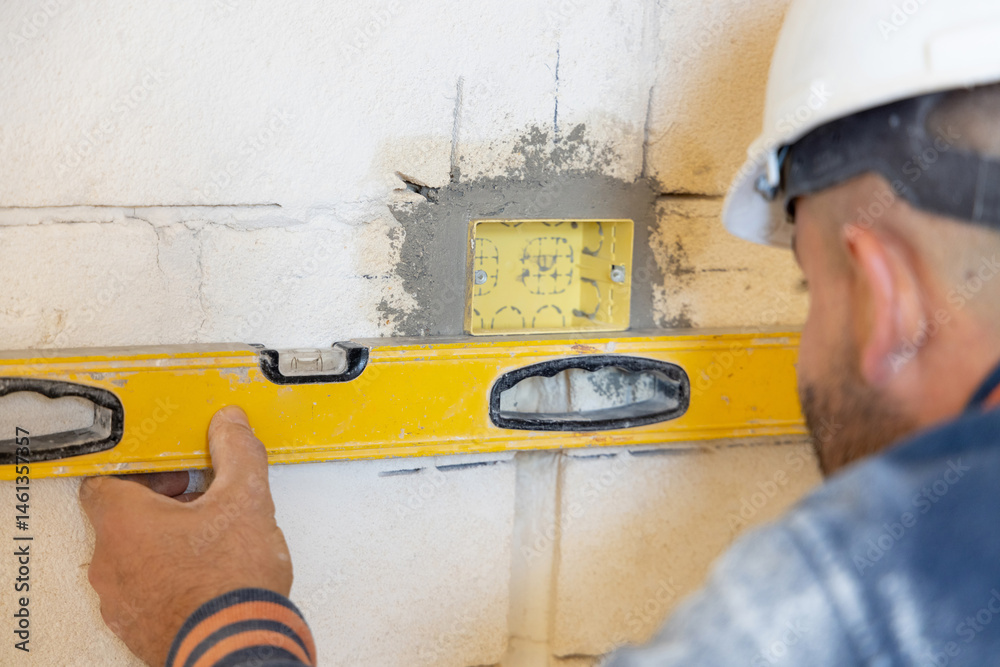 Craftsman in white helmet uses a yellow level to control a house wall. Construction process