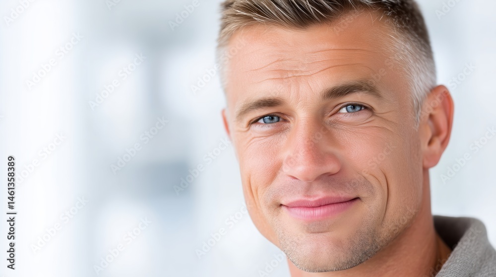 Fototapeta premium Close-up of a confident middle-aged man with blue eyes smiling slightly, used in corporate or personal branding themes
