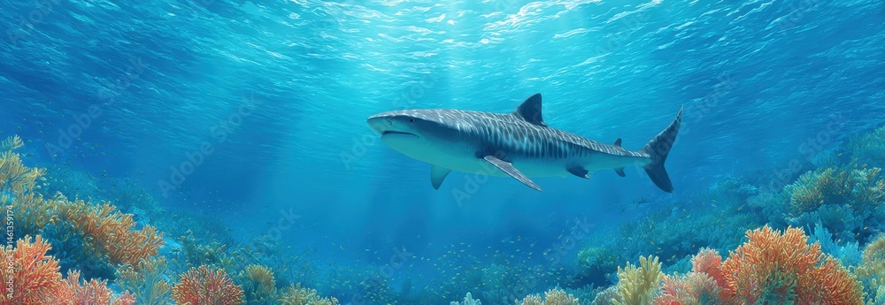 Fototapeta premium Stunning Underwater Scene Featuring Shark Swimming Above Coral Reef