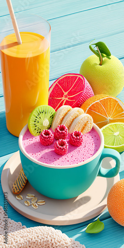 Playful breakfast with grapefruit slices, pink yogurt, orange juice, and oat bowl.