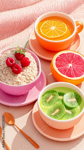 Playful breakfast with grapefruit slices, pink yogurt, orange juice, and oat bowl.