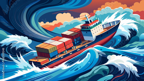 A container ship battles massive waves in a turbulent ocean seen from above symbolizing volatile markets economic instability and the struggle to navigate