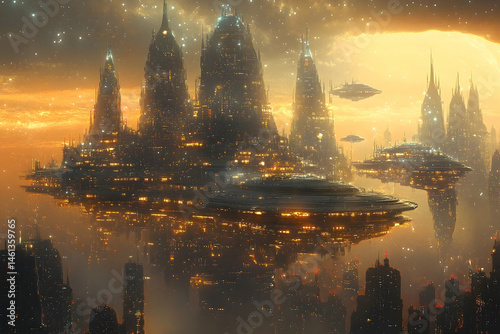 Floating city complex in a starry, golden sky.