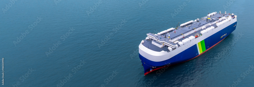 Aerial view RoRo Ship business logistic and transportation sea freight, Cargo and RoRo ship Roll On Roll Off ship at sea, Car carrier ship RO-RO Roll on Roll off.