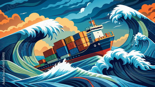 A container ship battles massive waves in a turbulent ocean seen from above symbolizing volatile markets economic instability and the struggle to navigate