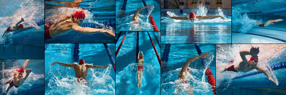 Swimming techniques shown in pool by male athlete in motion, freestyle and butterfly strokes under water. Collage of underwater sports performance. Concept of competition, sport, training. 1model