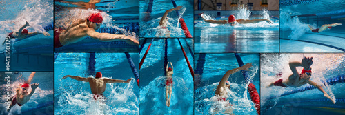 Swimming techniques shown in pool by male athlete in motion, freestyle and butterfly strokes under water. Collage of underwater sports performance. Concept of competition, sport, training. 1model