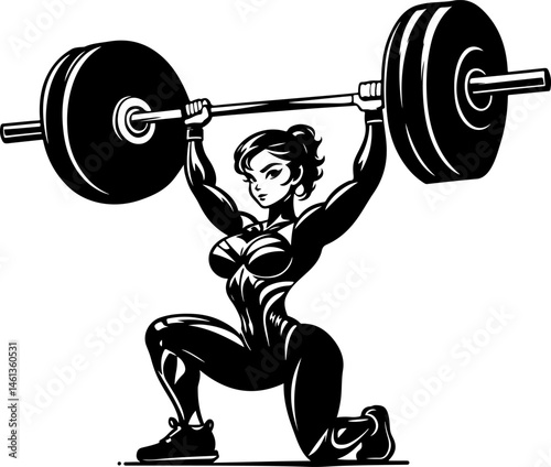 Sketchy engraving emblem of attractive muscular weightlifter sportswoman lifting heavy barbell over head in monochrome. Engraving minimalistic vector in black ink drawing on transparent background