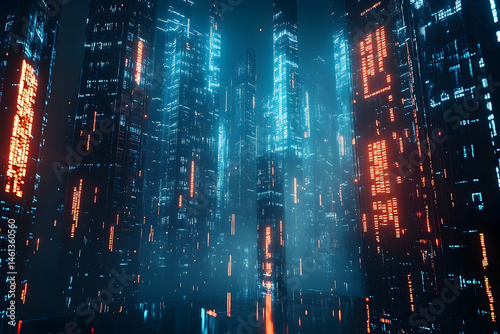 Futuristic digital city, glowing with vibrant colors.