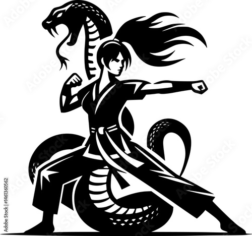 Sport emblem of Kung Fu athlete imitates snake movement in monochrome. Engraving minimalistic vector in black ink drawing on transparent background