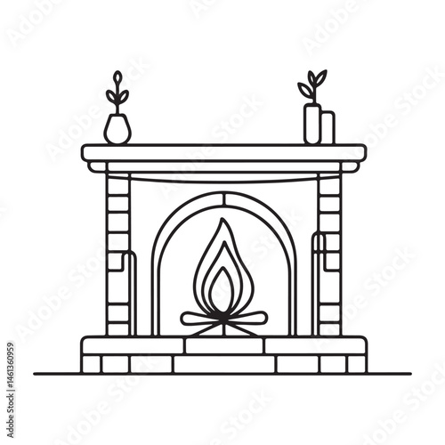Cozy Fireplace Silhouette Minimalist One Line Art Home Interior