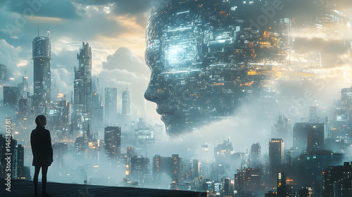 A futuristic cityscape panorama with a massive, intricate, technological head.