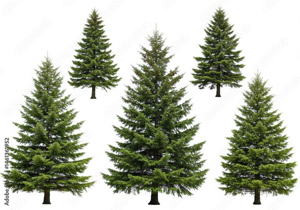 Fototapeta premium Five evergreen trees with green needles and brown trunks on a white background