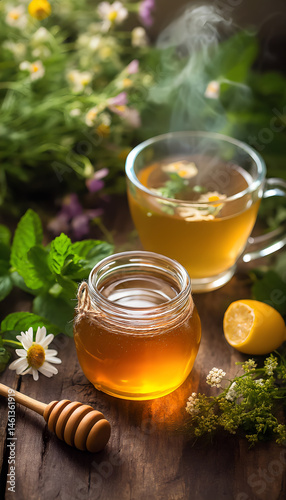 Honey and Herbal tea on wooden background - summer, health and organic food concept