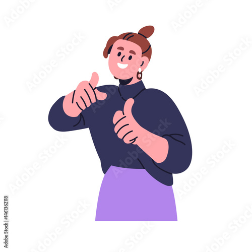 Happy woman hiring, recruiting you with pointing gesture, showing index fingers, choosing, picking candidate. Friendly smiling recruiter, HR. Flat vector illustration isolated on white background