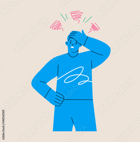 Man frustrated has one hand covering his face. Colorful vector illustration