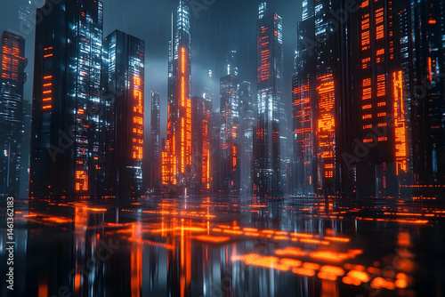 Futuristic city skyline reflecting vibrant neon lights.