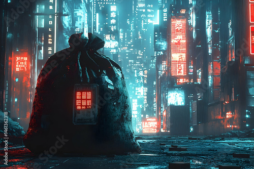 A futuristic cityscape with a discarded bag.