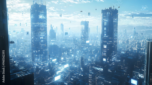 Futuristic cityscape with illuminated skyscrapers.